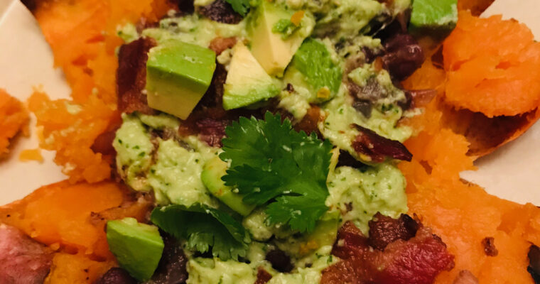 Baked Sweet Potatoes with Black Beans and Cilantro-Cashew Crema (& Bacon)